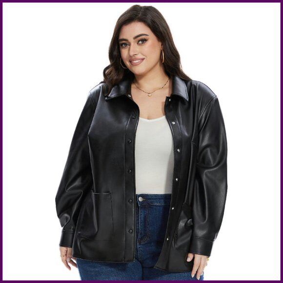Faux Leather Shacket Moto Biker Jacket Loose Fit Blazer Plus Size